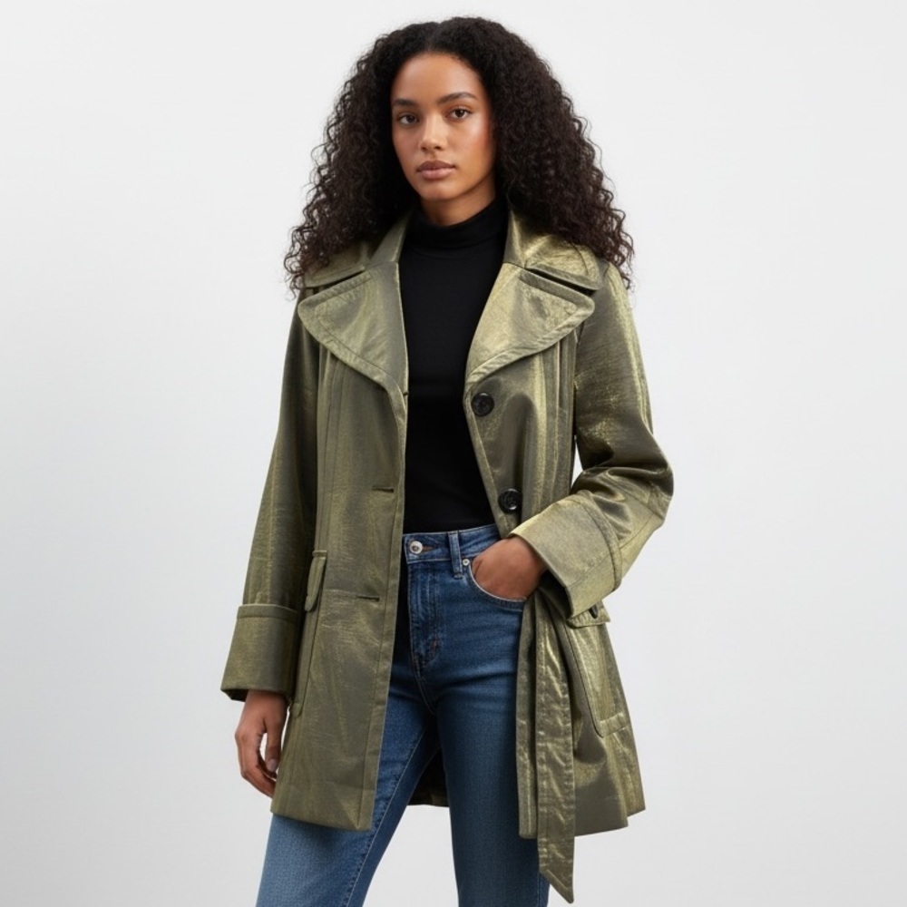 Hilary Radley NY Metallic Iridescent Olive Green Trench Coat Women’s Size M